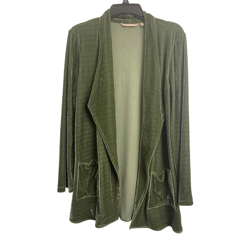 Soft‎ Surroundings Olive Green Velvet Open Front Cardigan Jacket Pockets M